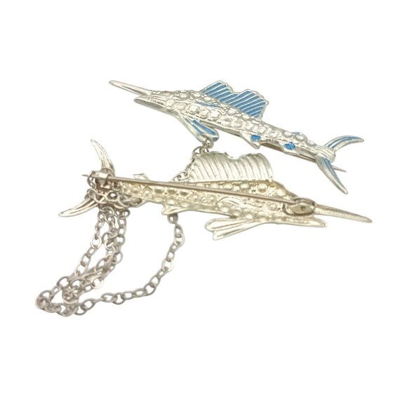Vintage Swordfish Sweater Clip Brooch With Chain Silver & Blue Enamel Nautical - Picture 3 of 3